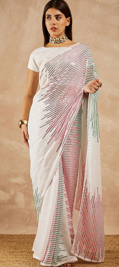 White and Off White color Saree in Georgette fabric with Embroidered, Sequence work