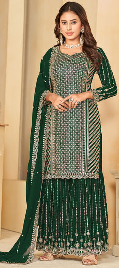 Green color Salwar Kameez in Faux Georgette fabric with Sequence, Thread work