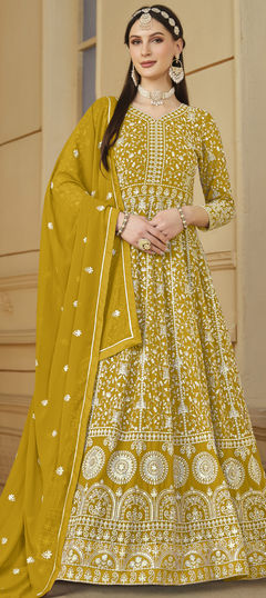 Yellow color Salwar Kameez in Faux Georgette fabric with Embroidered, Sequence, Thread work