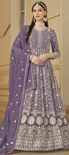 Purple and Violet color Salwar Kameez in Faux Georgette fabric with Embroidered, Sequence, Thread work