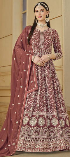 Beige and Brown color Salwar Kameez in Faux Georgette fabric with Embroidered, Sequence, Thread work