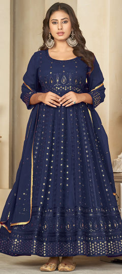 Blue color Salwar Kameez in Georgette fabric with Embroidered, Resham, Sequence, Thread work