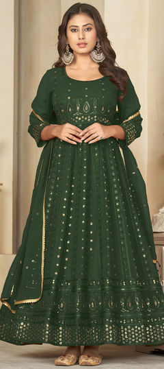 Green color Salwar Kameez in Georgette fabric with Embroidered, Resham, Sequence, Thread work