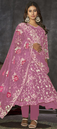 Pink and Majenta color Salwar Kameez in Net fabric with Embroidered, Resham, Thread work