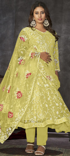 Yellow color Salwar Kameez in Net fabric with Embroidered, Resham, Thread work