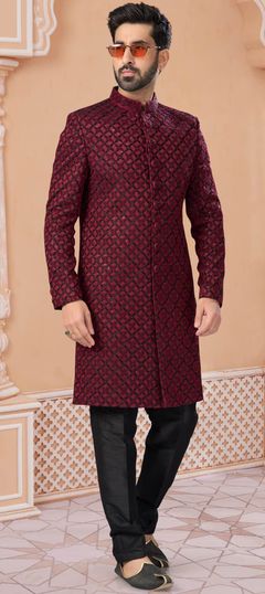 Red and Maroon color Sherwani in Jacquard fabric with Stone, Thread work