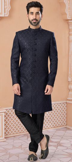 Blue color Sherwani in Jacquard fabric with Stone, Thread work