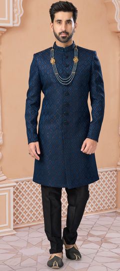 Blue color Sherwani in Jacquard fabric with Stone, Thread work