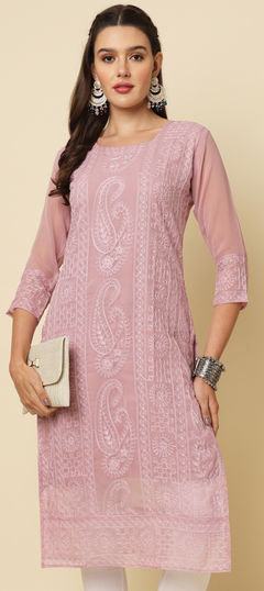 Casual Pink and Majenta color Kurti in Georgette fabric with Long Sleeve, Straight Embroidered, Thread work : 1931771