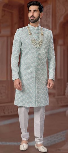 Blue color Sherwani in Jacquard fabric with Stone, Thread work