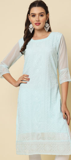 Casual Blue color Kurti in Georgette fabric with Long Sleeve, Straight Embroidered, Thread work : 1931773