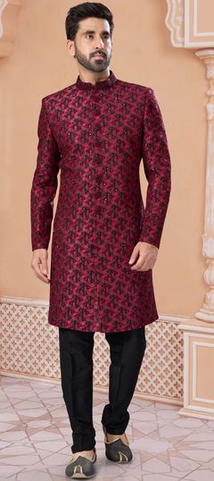 Red and Maroon color Sherwani in Jacquard fabric with Stone, Thread work