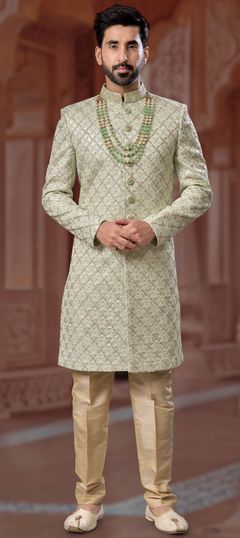 Green color Sherwani in Jacquard fabric with Stone, Thread work