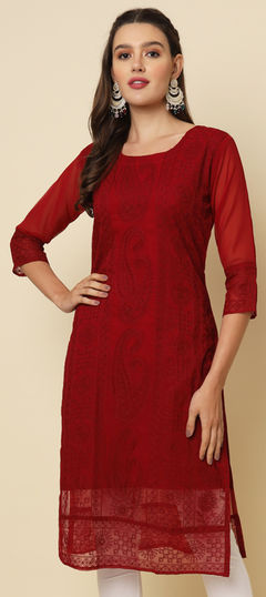 Casual Red and Maroon color Kurti in Georgette fabric with Long Sleeve, Straight Embroidered, Thread work : 1931778