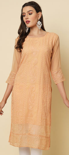 Casual Pink and Majenta color Kurti in Georgette fabric with Long Sleeve, Straight Embroidered, Thread work : 1931779