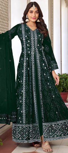 Green color Salwar Kameez in Faux Georgette fabric with Embroidered, Sequence, Thread work