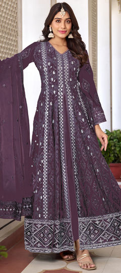 Purple and Violet color Salwar Kameez in Faux Georgette fabric with Embroidered, Sequence, Thread work