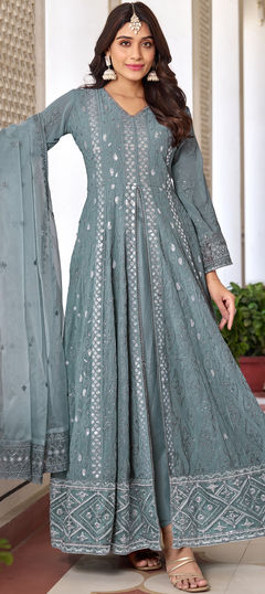 Black and Grey color Salwar Kameez in Faux Georgette fabric with Embroidered, Sequence, Thread work