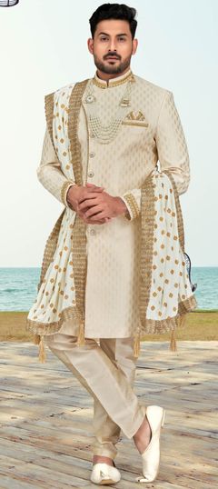 Reception, Wedding Beige and Brown color Sherwani in Banarasi Silk fabric with Embroidered, Thread, Zari work : 1931788