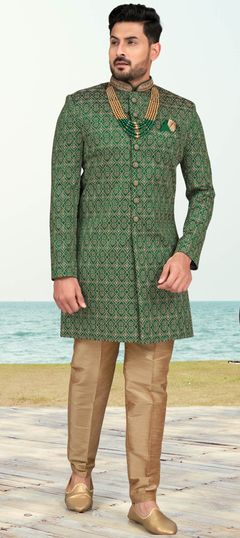 Reception, Wedding Green color Sherwani in Banarasi Silk fabric with Embroidered, Stone work : 1931790