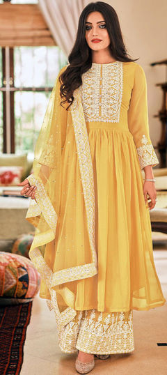 Yellow color Salwar Kameez in Georgette fabric with Embroidered, Resham, Sequence, Stone work