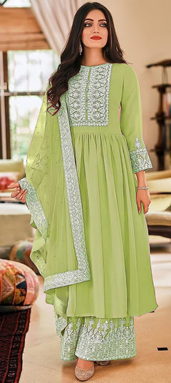 Green color Salwar Kameez in Georgette fabric with Embroidered, Resham, Sequence, Stone work