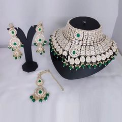 Green color Bridal Jewelry in Brass studded with CZ Diamond, Pearl & Gold Rodium Polish : 1931985