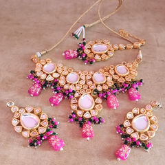 Gold Rodium Polish Pink and Majenta color Necklace in Metal Alloy studded with Kundan