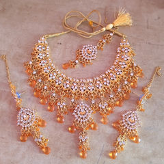 Gold Rodium Polish Orange color Necklace in Metal Alloy studded with CZ Diamond