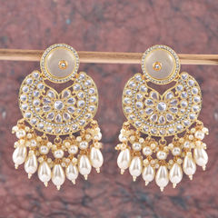 Gold Rodium Polish Gold, White and Off White color Earrings in Brass studded with CZ Diamond, Kundan, Pearl