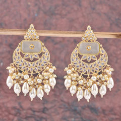 Gold Rodium Polish Gold, White and Off White color Earrings in Brass studded with CZ Diamond, Kundan, Pearl
