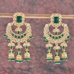 Gold Rodium Polish Gold, Green color Earrings in Brass studded with CZ Diamond, Kundan, Pearl