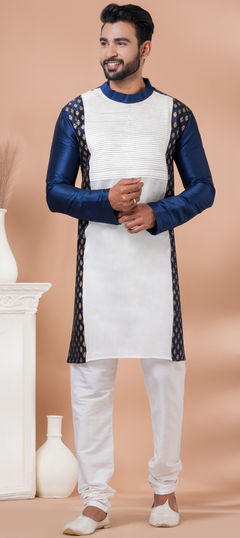 Blue, White and Off White color Kurta Pyjamas in Dupion Silk fabric with Weaving work