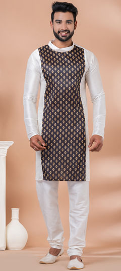 White and Off White color Kurta Pyjamas in Dupion Silk fabric with Weaving work