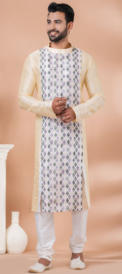 Gold color Kurta Pyjamas in Cotton, Dupion Silk fabric with Weaving work