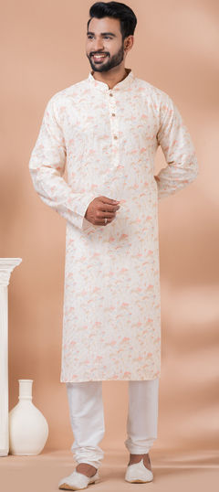 Beige and Brown color Kurta Pyjamas in Cotton fabric with Printed, Sequence work