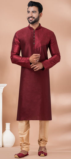 Red and Maroon color Kurta Pyjamas in Jacquard, Viscose fabric with Weaving work