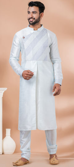 Blue color Kurta Pyjamas in Dupion Silk fabric with Thread work