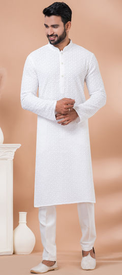 White and Off White color Kurta Pyjamas in Georgette fabric with Embroidered, Thread work