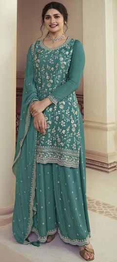 Green color Salwar Kameez in Chiffon fabric with Embroidered, Sequence, Thread, Zari work