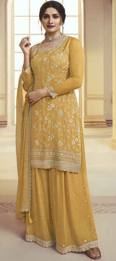 Yellow color Salwar Kameez in Chiffon fabric with Embroidered, Sequence, Thread, Zari work