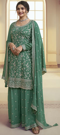 Green color Salwar Kameez in Chiffon fabric with Embroidered, Sequence, Thread, Zari work