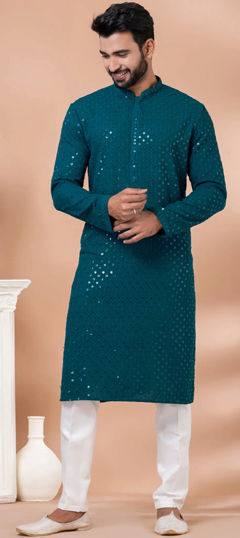 Festive, Wedding Green color Kurta Pyjamas in Rayon, Viscose fabric with Embroidered, Sequence work : 1932189