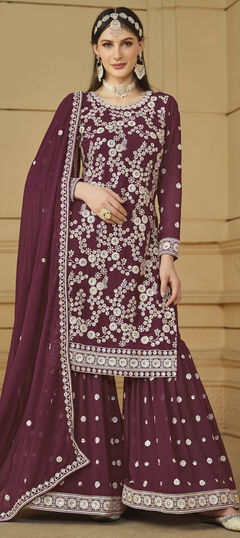 Red and Maroon color Salwar Kameez in Faux Georgette fabric with Embroidered, Sequence, Thread work