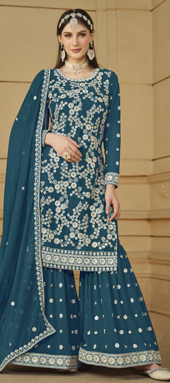 Blue color Salwar Kameez in Faux Georgette fabric with Embroidered, Sequence, Thread work