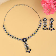 Silver Rodium Polish Blue, White and Off White color Necklace in Brass studded with Austrian diamond