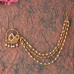 Gold Rodium Polish Red and Maroon, White and Off White color Nose Ring in Brass studded with CZ Diamond, Kundan
