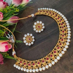 Gold Rodium Polish Pink and Majenta color Necklace in Copper studded with CZ Diamond