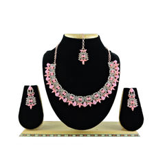 Gold Rodium Polish Pink and Majenta color Necklace in Metal Alloy studded with CZ Diamond