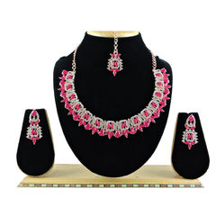 Gold Rodium Polish Pink and Majenta color Necklace in Metal Alloy studded with CZ Diamond